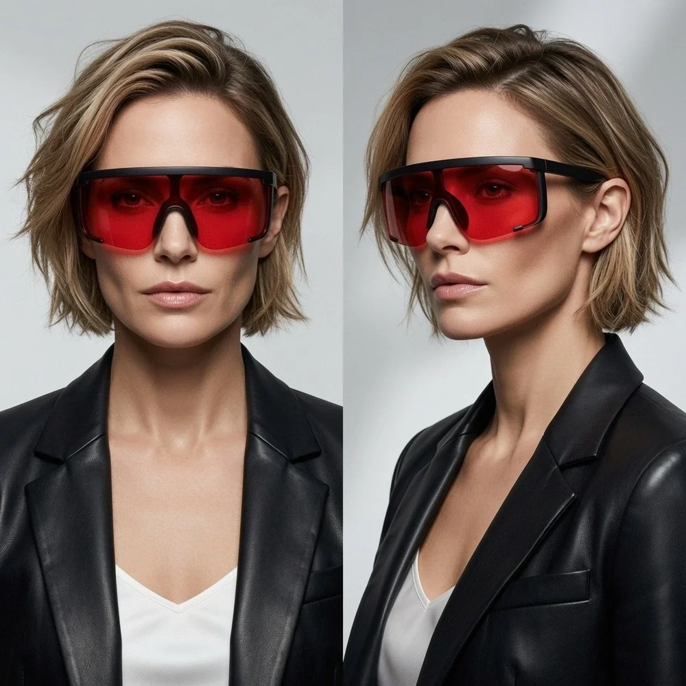 Black Red Shield Visor Sunglasses Oversized Flat Top Futuristic Women Shades New